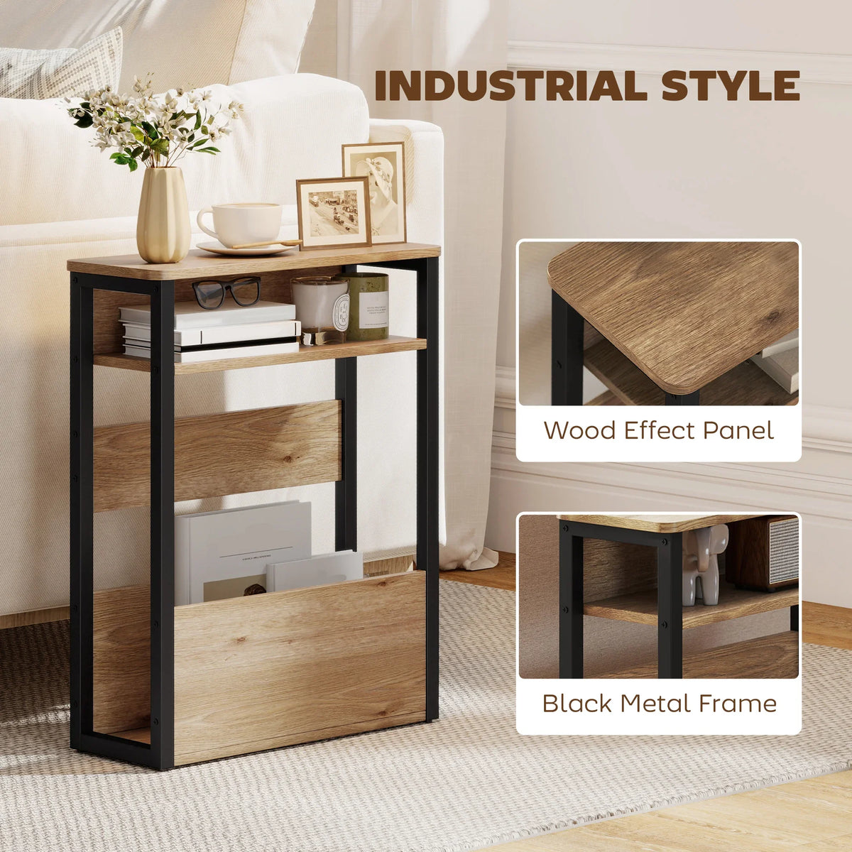 Industrial side table with wood-effect panels and black metal frame, two shelves