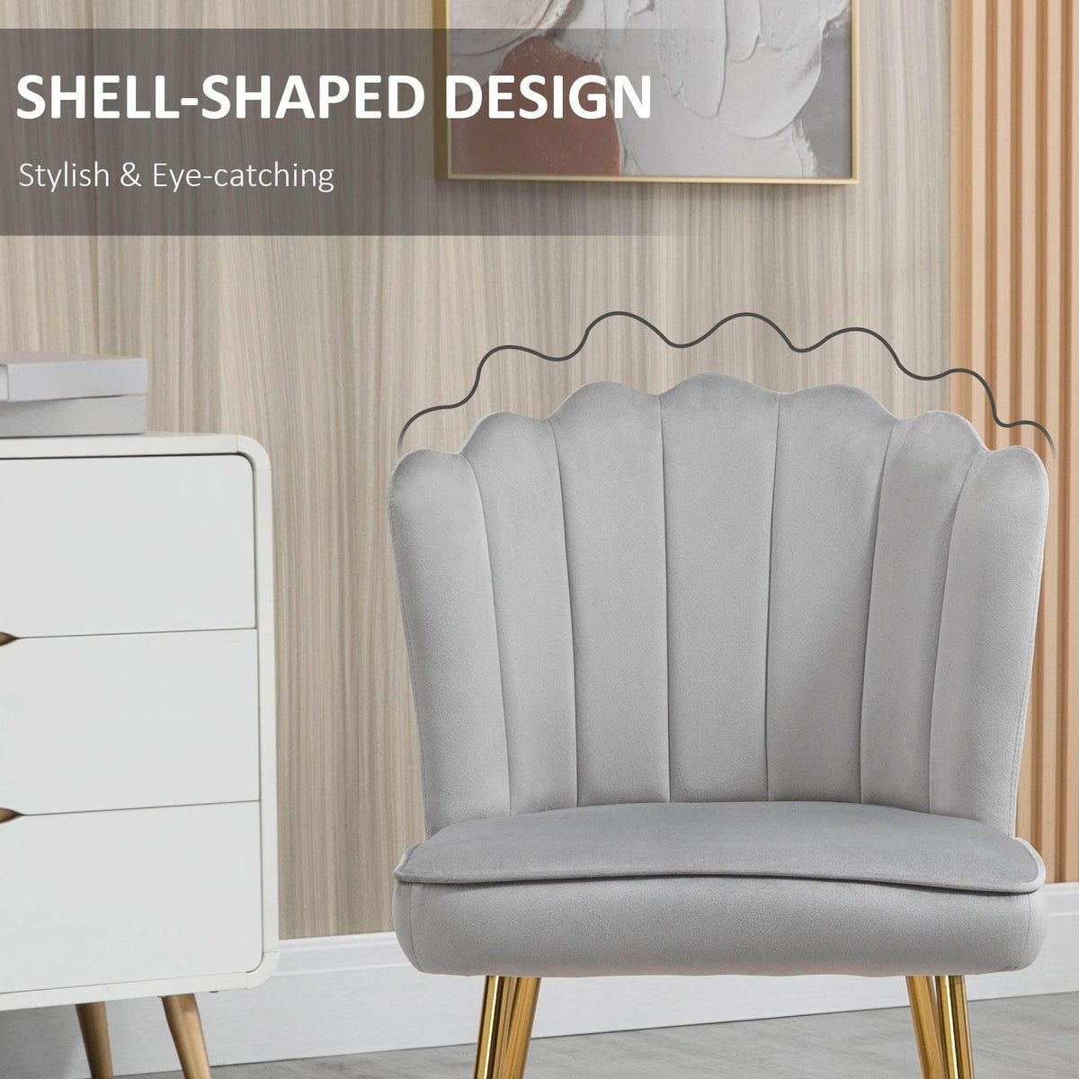 Grey shell-shaped velvet accent chair back with scalloped top profile