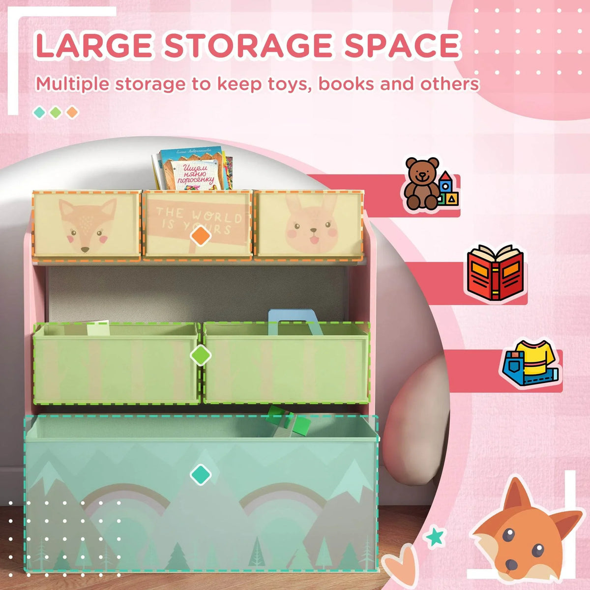 Pink kids storage unit with multiple open compartments and pastel fabric bins