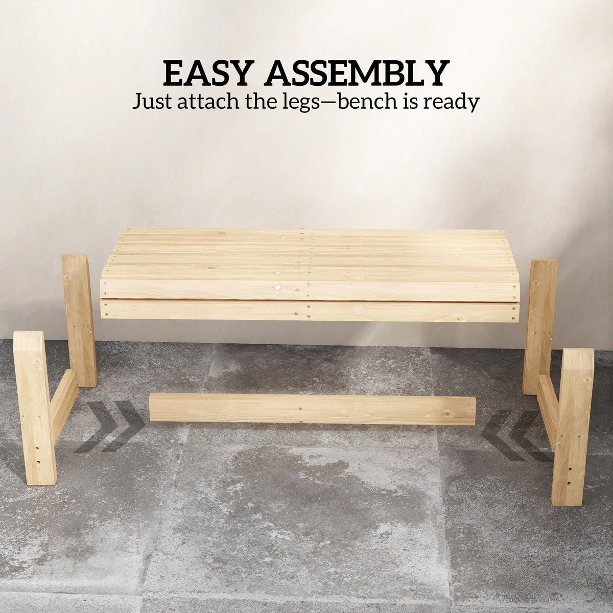 Natural wood backless bench underside with end supports and slatted seat