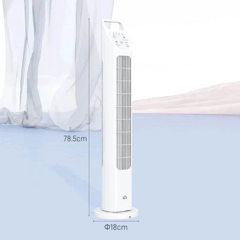 White tower fan with base and height measurements shown