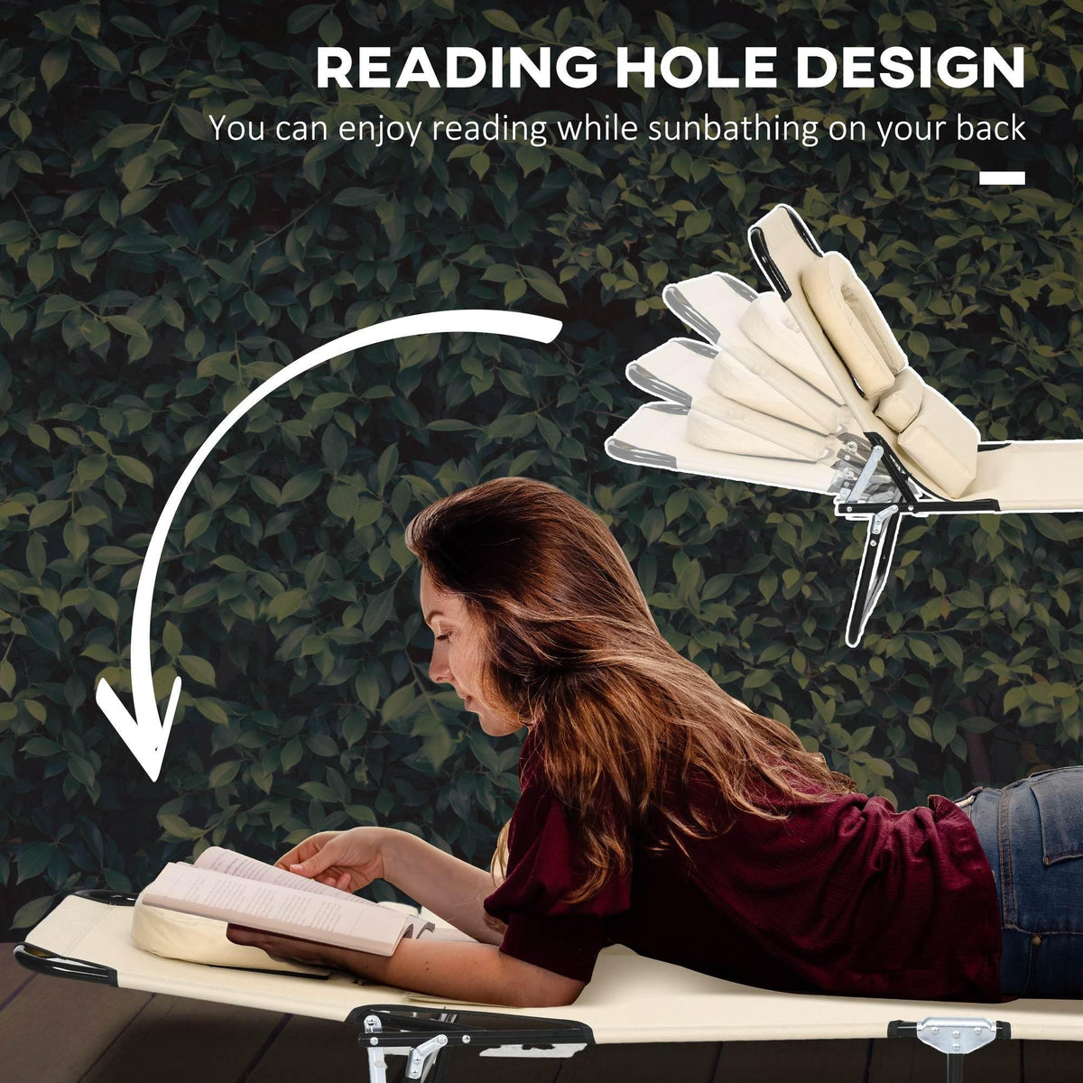 Beige reading lounger with face-hole pillow, black frame, book resting on cushion