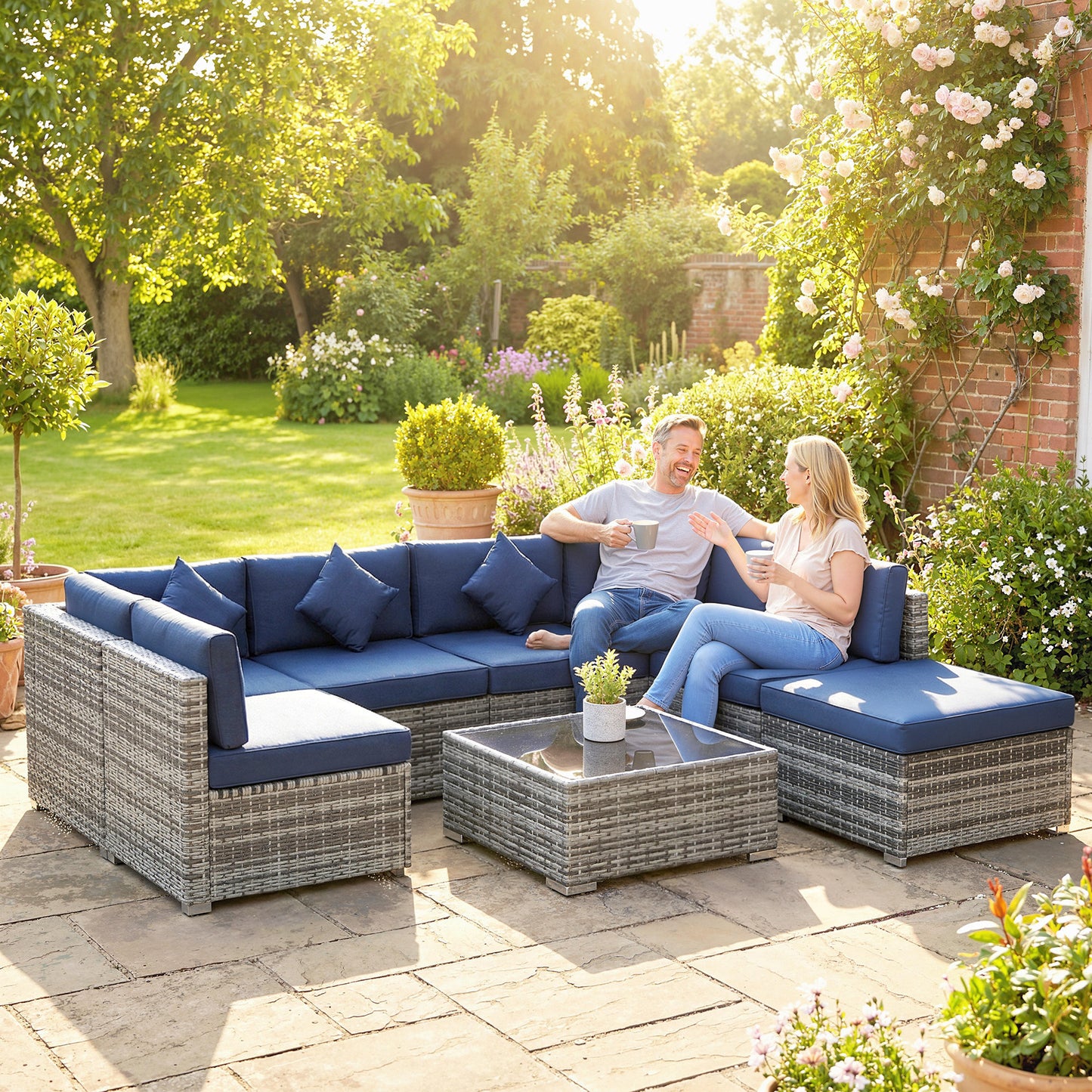 Outsunny 8 Piece PE Rattan Corner Sofa Set Outdoor Garden Furniture Patio Wicker with Cushions Dark Blue