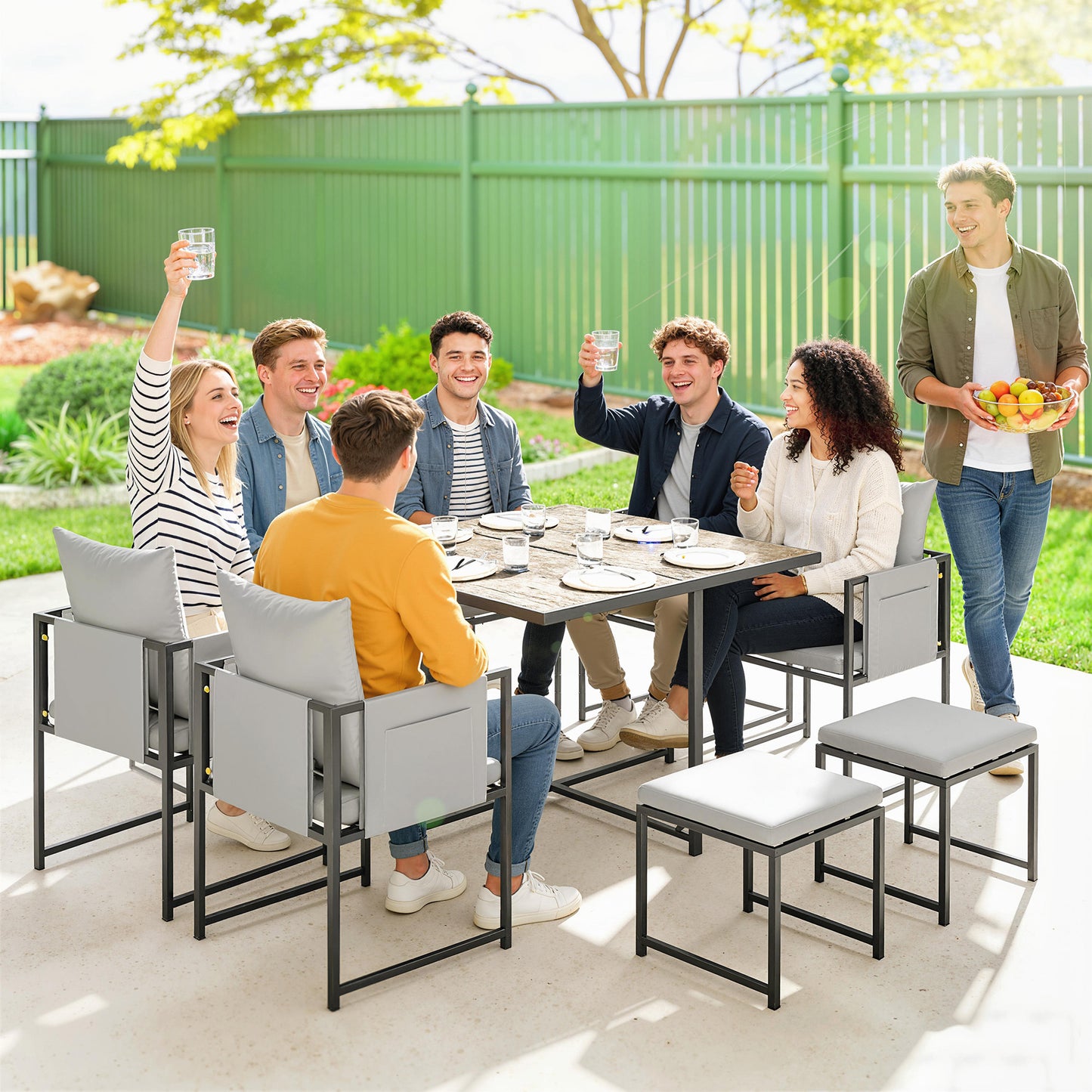 Outsunny Nine Piece Steel Frame Garden Dining Set With Cushioned Chairs And Stools Dark Grey For Outdoor Patio