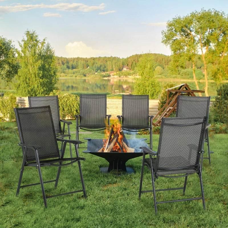 Set of 6 folding garden chairs with black mesh seats and metal frames