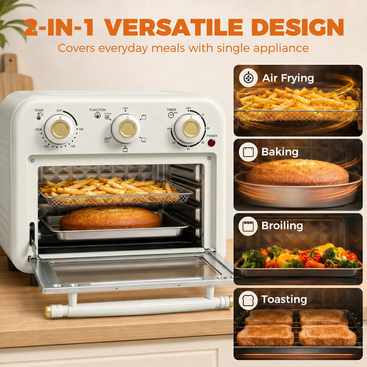 Cream HOMCOM 12L air fryer toaster oven open with baking tray and serving basket