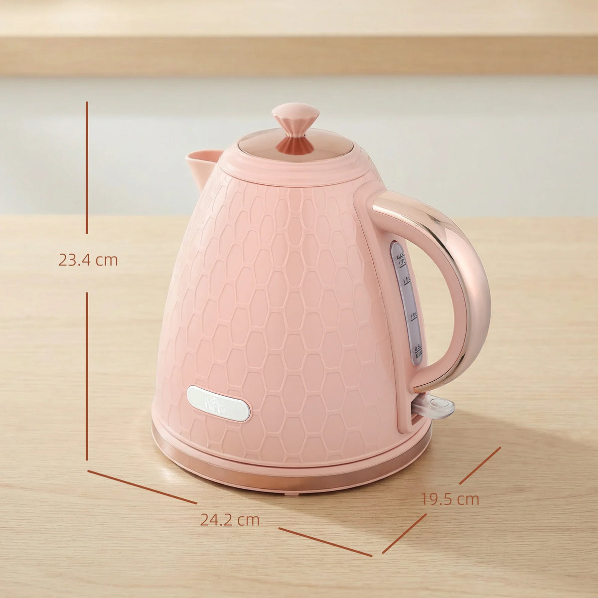Light pink electric kettle front view with honeycomb pattern, spout lid and side handle