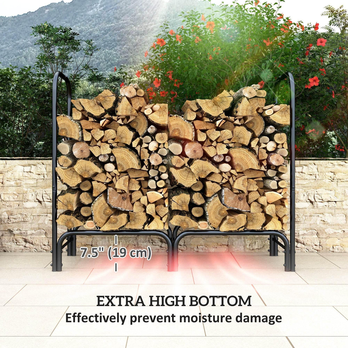 Black firewood rack holding stacked logs, covered with large black waterproof tarp
