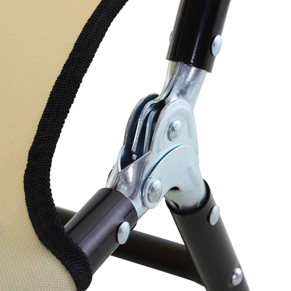Beige sun lounger hardware hinge with black fabric strap and steel frame