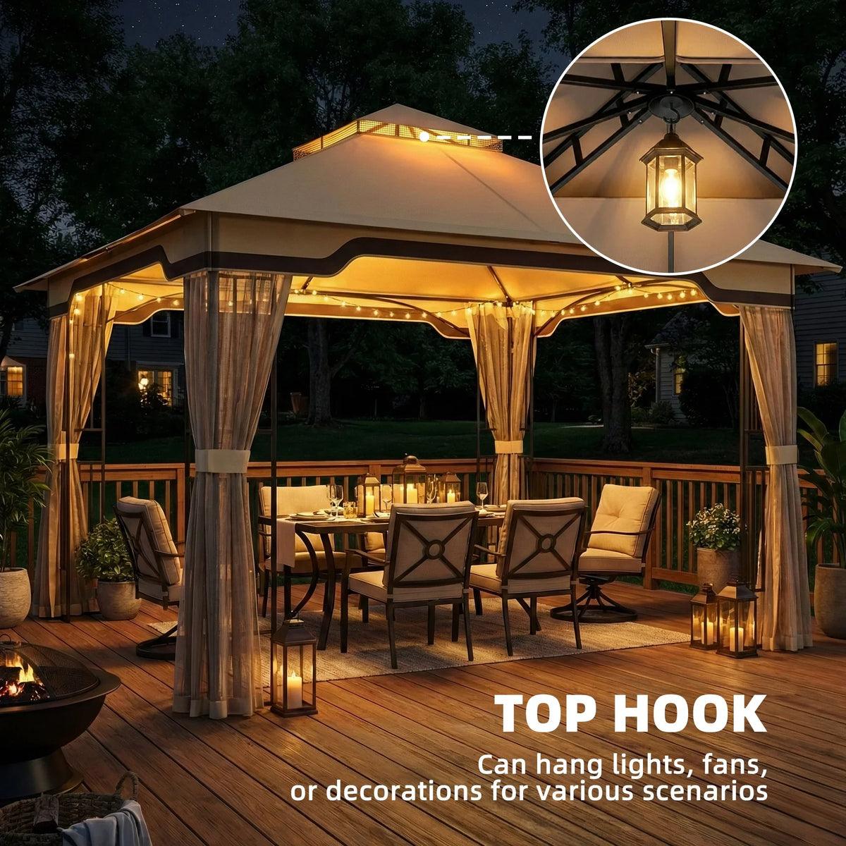 Khaki outdoor gazebo with top hook for hanging lights, fans, or decorations