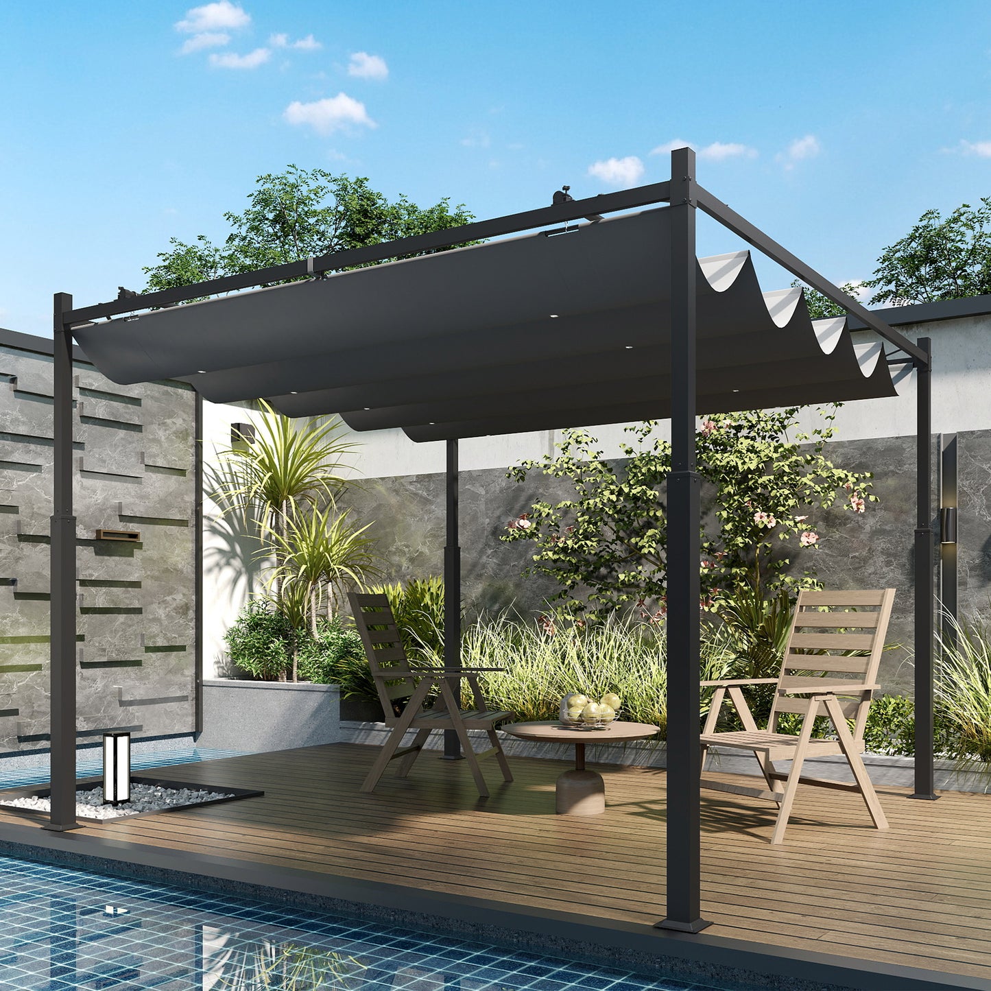Outsunny 3x3m Metal Pergola With Retractable Roof And Magnetic Fixture Outdoor Gazebo Canopy UPF30 80mm Column Grey
