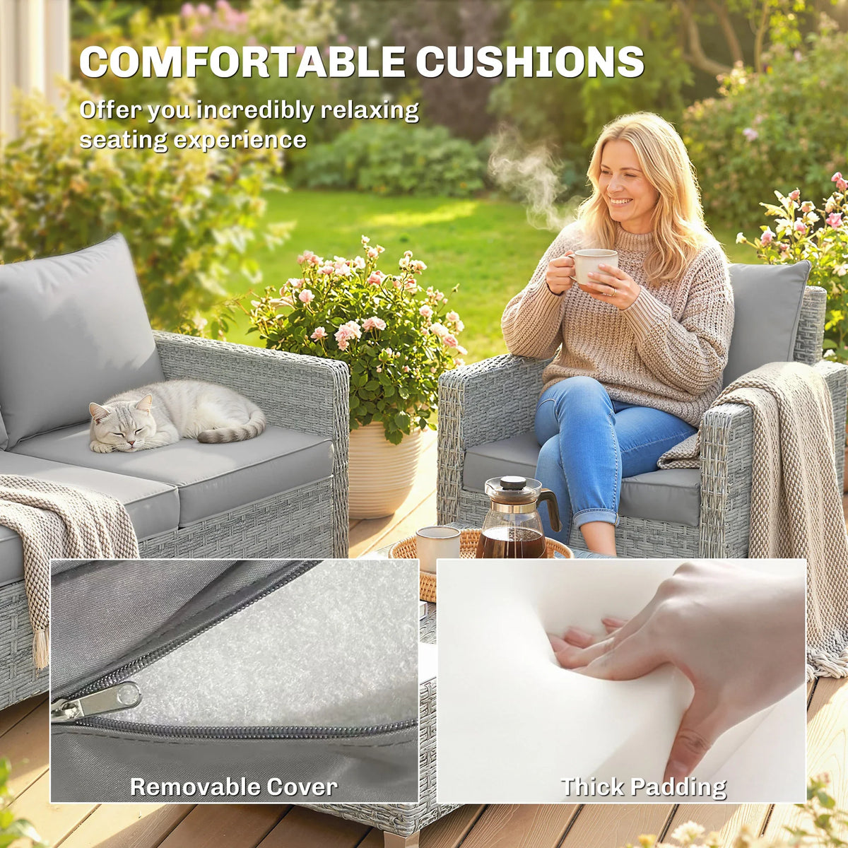 Grey rattan armchairs with thick cushions and removable cushion covers