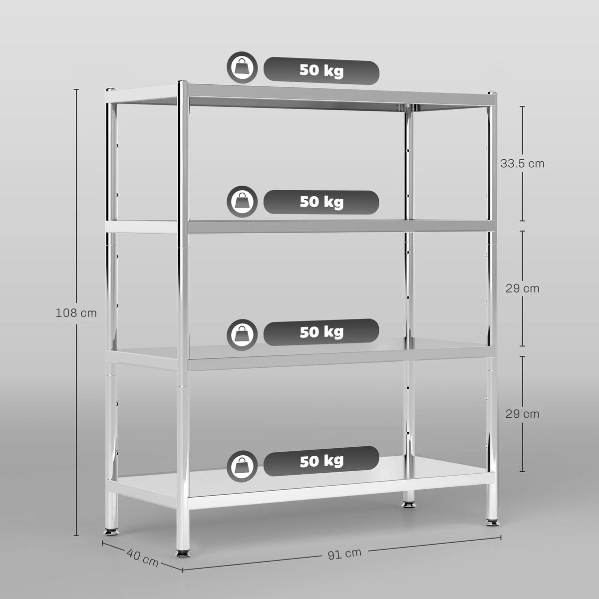 Stainless steel bakers rack with adjustable shelves and four tiers, silver frame