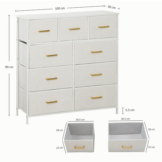 Cream white boucle dresser with nine fabric drawers and gold handles, raised steel legs