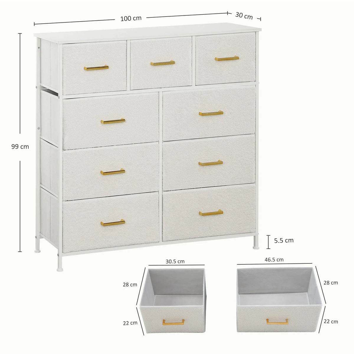 Cream white boucle dresser with nine fabric drawers and gold handles, raised steel legs
