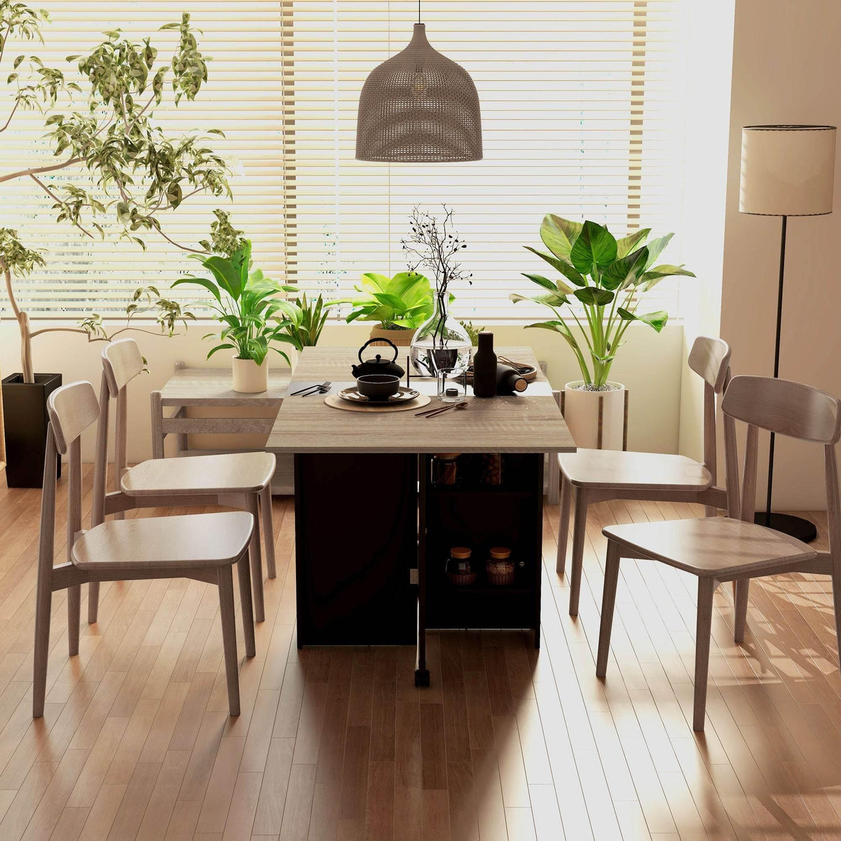 Drop-leaf dining table set up with chairs and open tabletop in a dining room