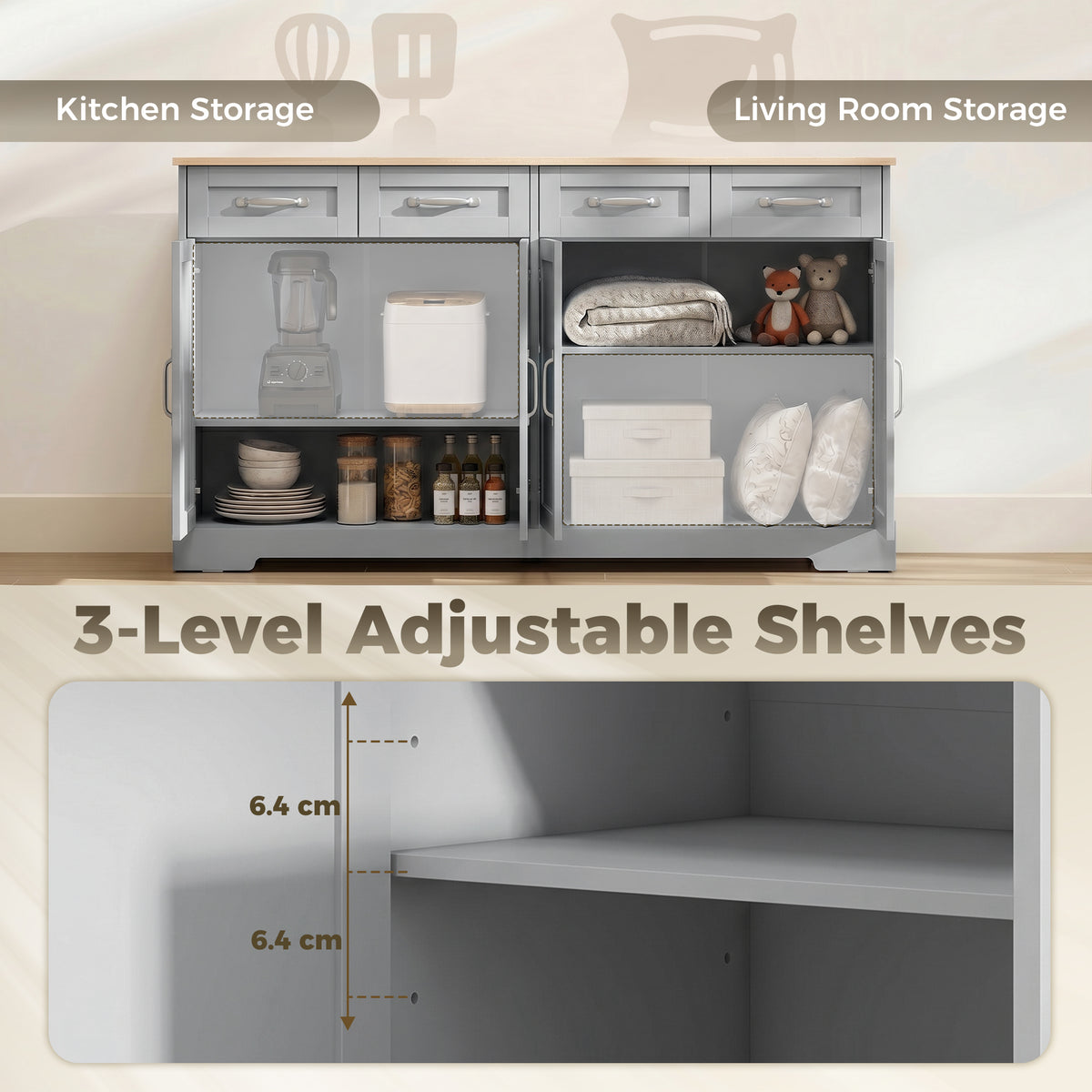 Grey sideboard cabinet with adjustable shelves and drawers for organized storage