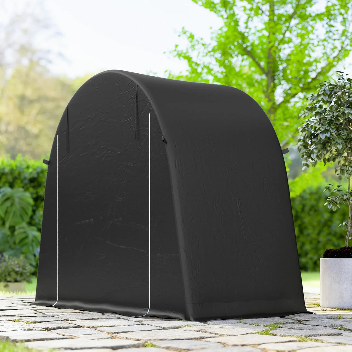 Dark grey arched garden storage tent shed with front opening and side panels