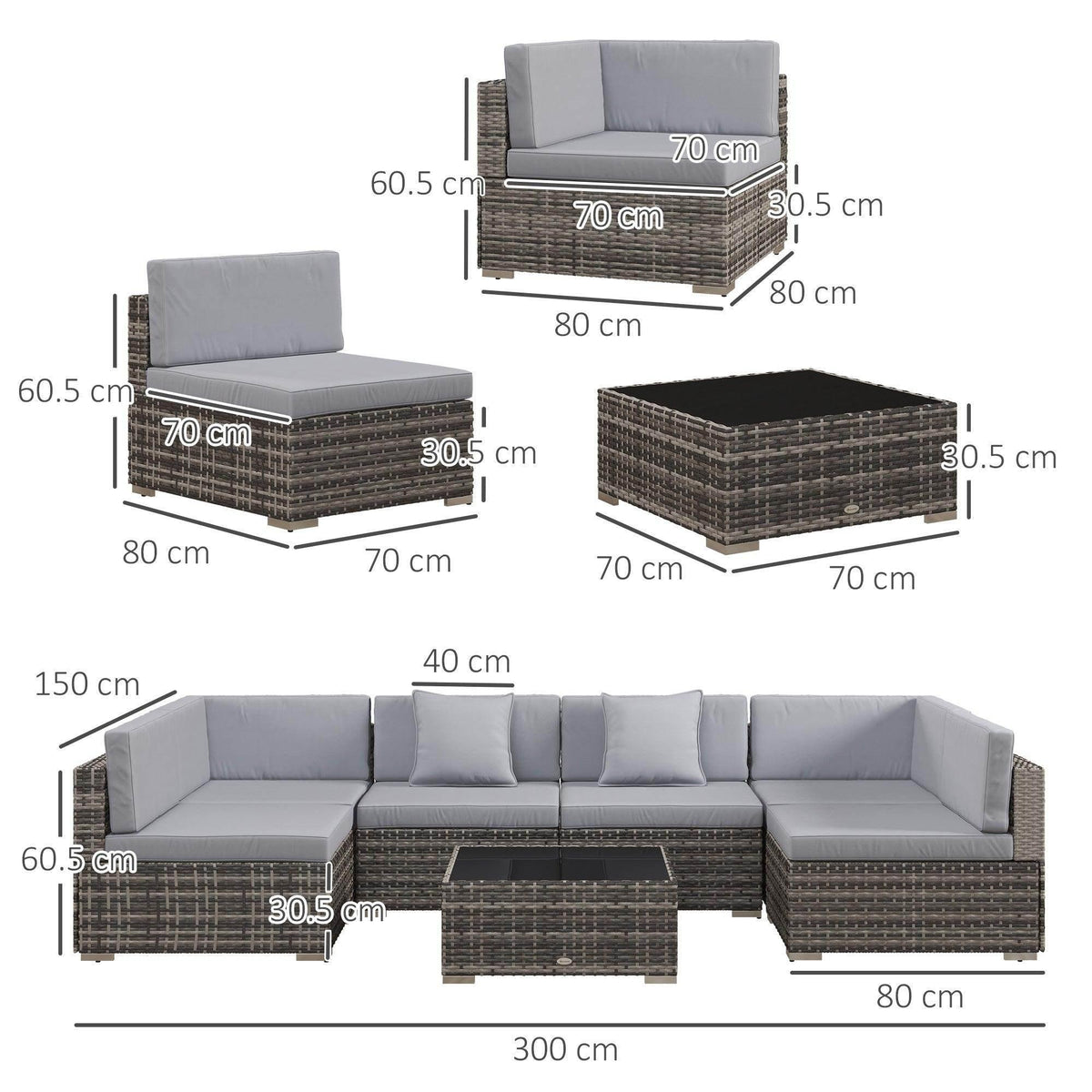 Grey PE rattan corner sofa set layout with light grey cushions and table dimensions