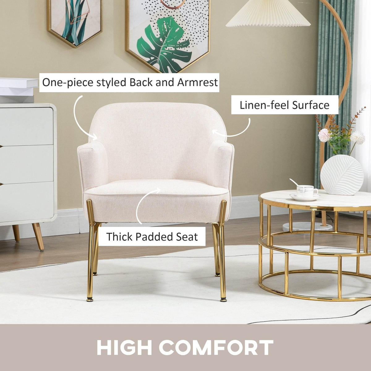 Cream armchair with linen-feel fabric, one-piece backrest, and padded seat