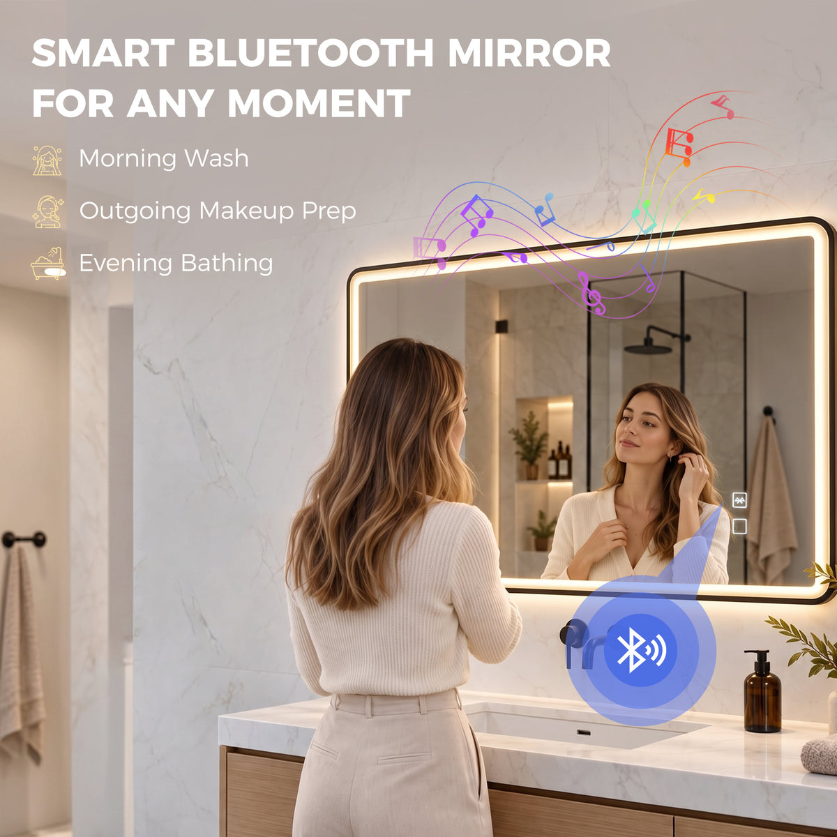 LED bathroom mirror showing Bluetooth audio icon on lit frame