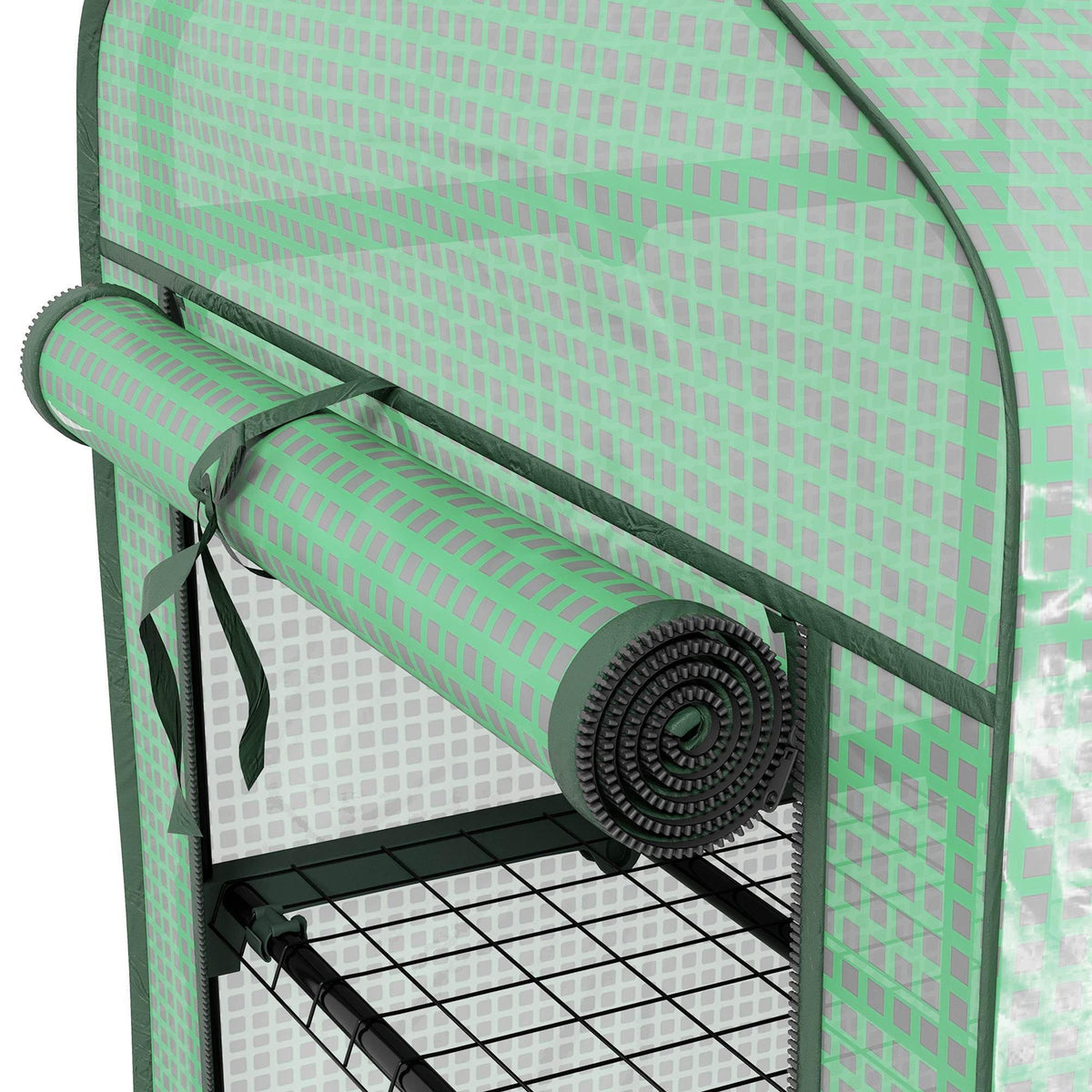 Close-up of green greenhouse roll-up door with coiled handle on the frame
