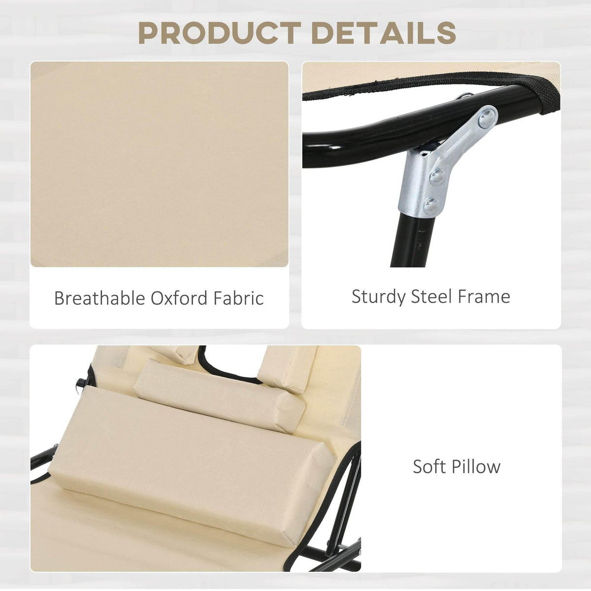 Beige reclining lounger details: breathable Oxford fabric, sturdy steel frame, soft pillow