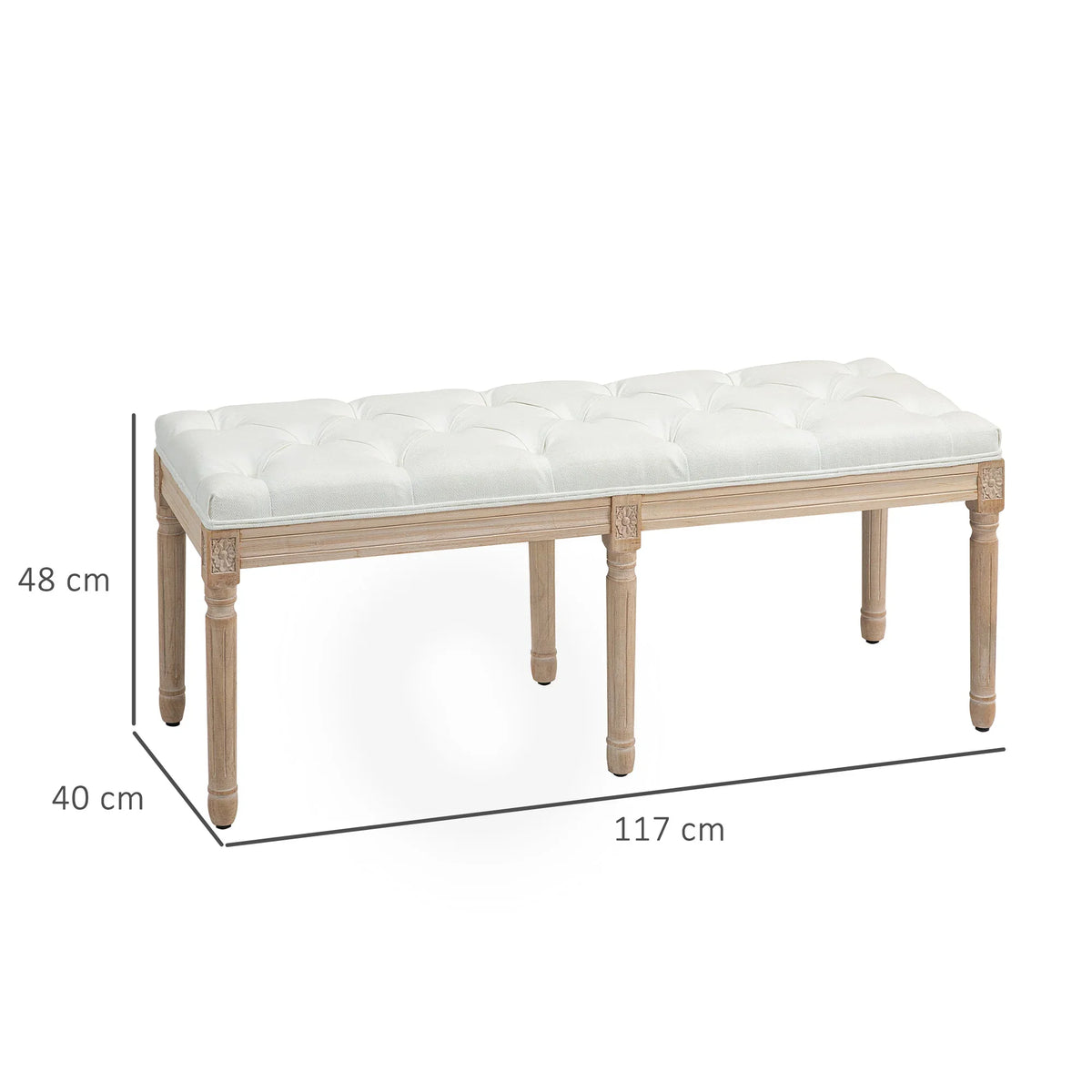 Upholstered bed bench with cream tufted cushion and light wooden frame, 4 legs