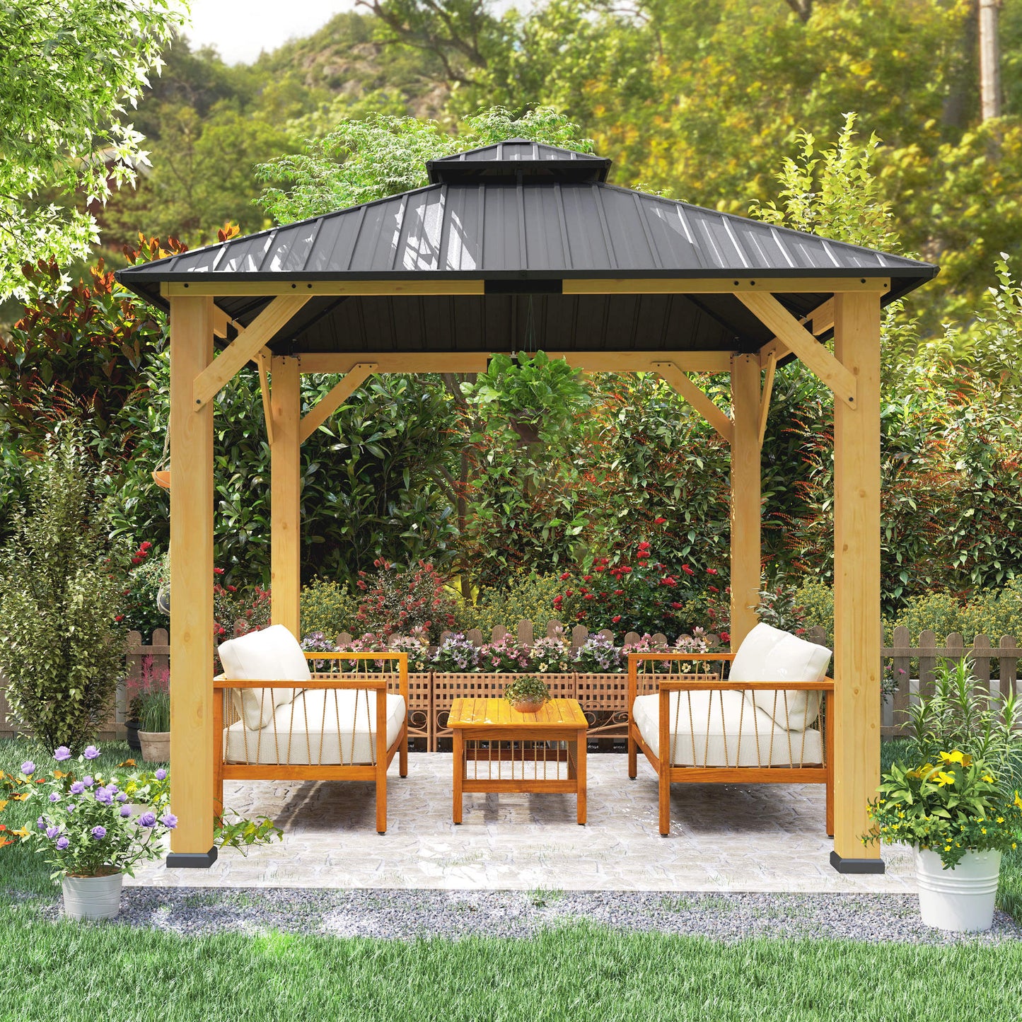 Outsunny 3x3m Outdoor Hardtop Gazebo Canopy With Two Tier Roof And Solid Wood Frame For Patio Garden Grey