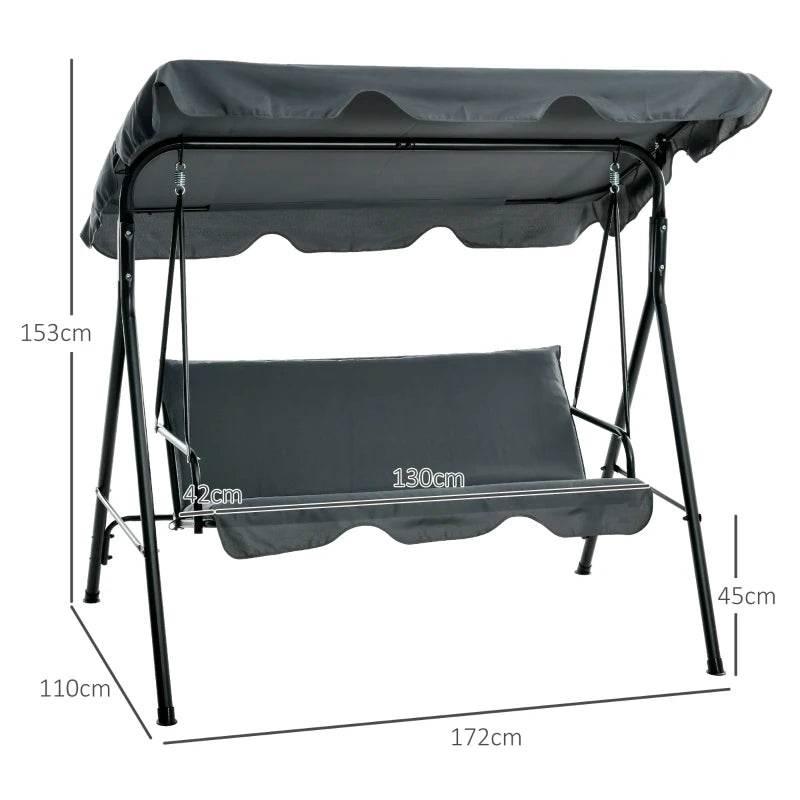 Grey 3-seat swing chair with adjustable canopy, padded seat and back, black frame