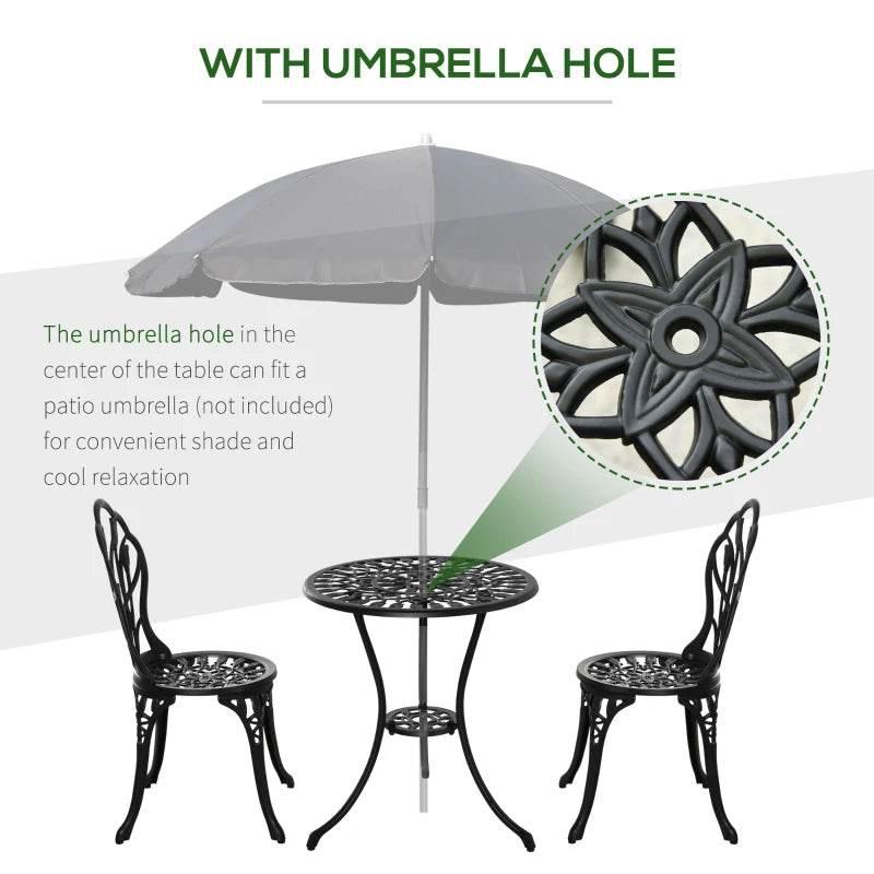 Black bistro table set with central umbrella hole and two matching arched chairs