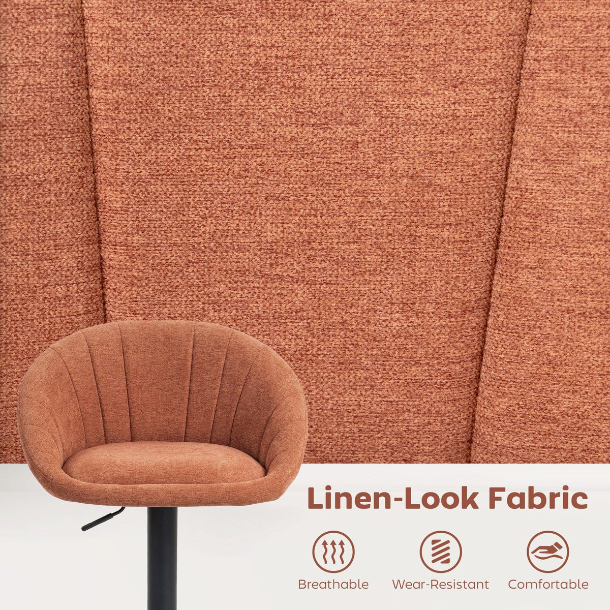Orange linen-look upholstered bar stool seat with tufted back and curved arm shape