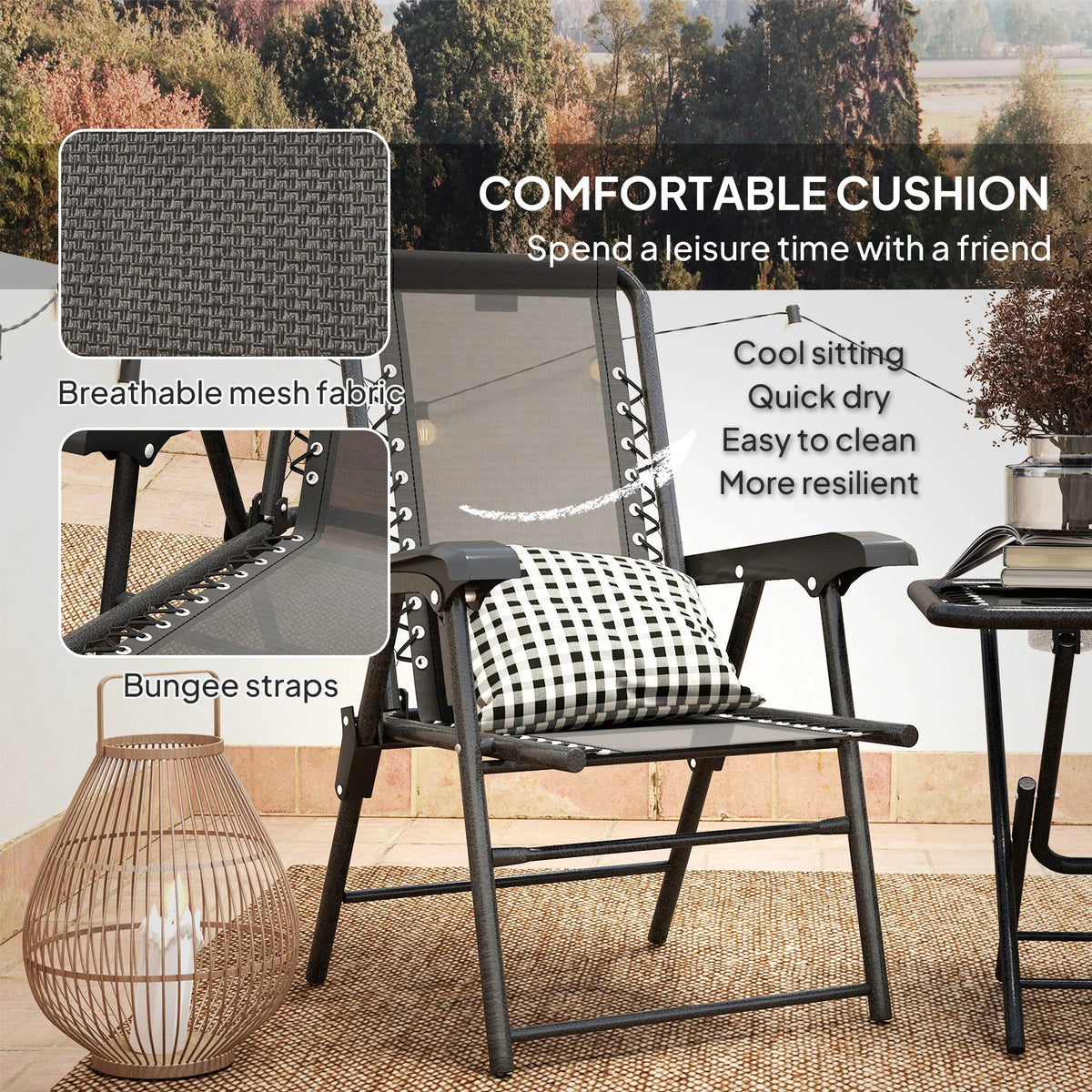Black patio folding chair with gray mesh back, cushion, and bungee straps
