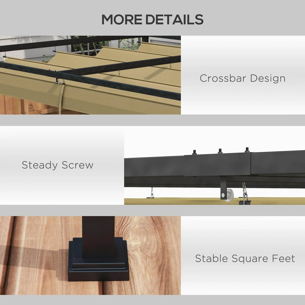 Outdoor pergola canopy hardware details: crossbar and steady screw mounts