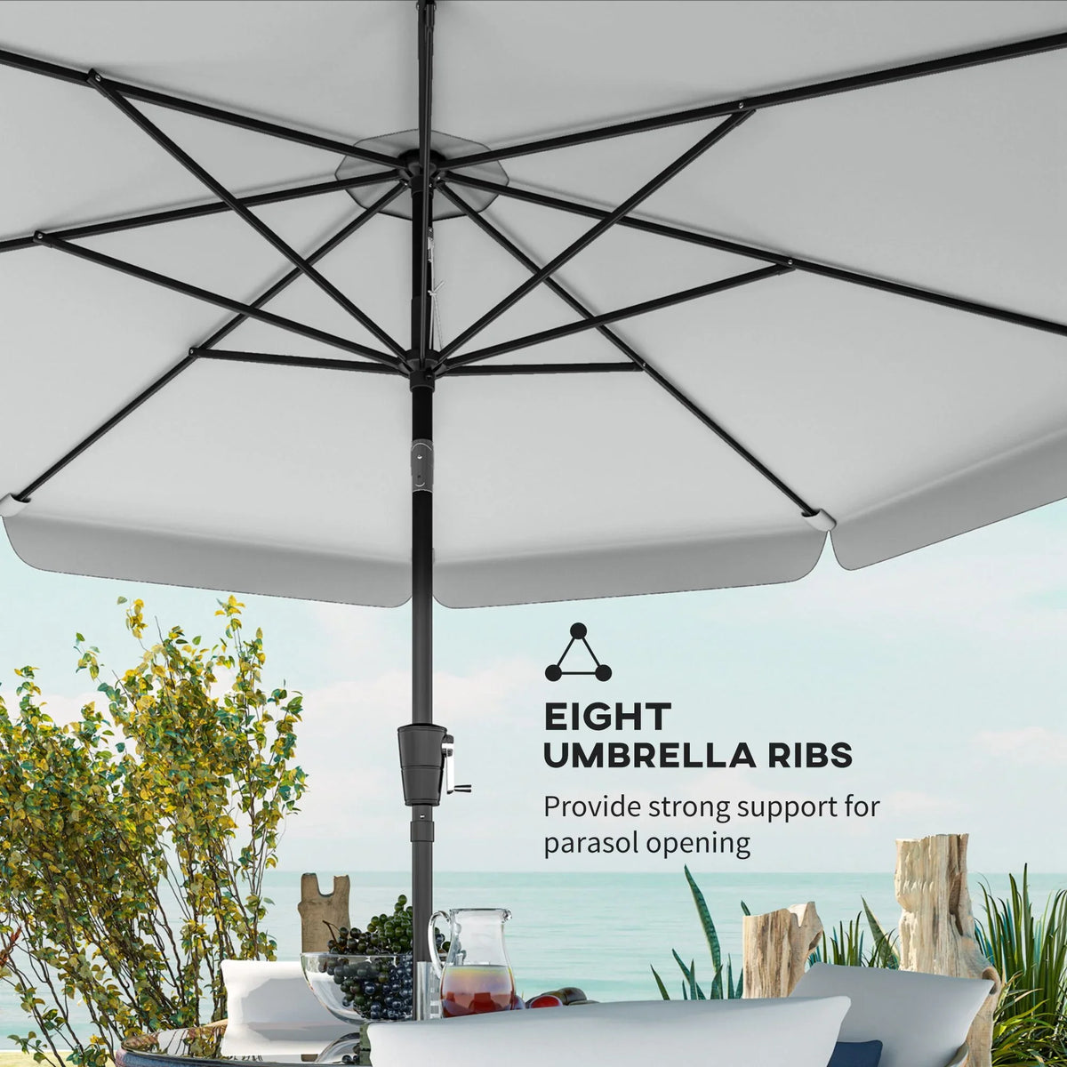 Close-up of light grey umbrella top ribs under the canopy