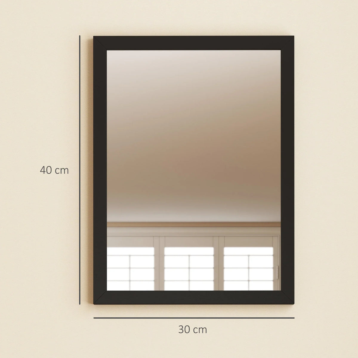 Black rectangular wall mirror with thin frame, shown with 30 cm by 40 cm size.