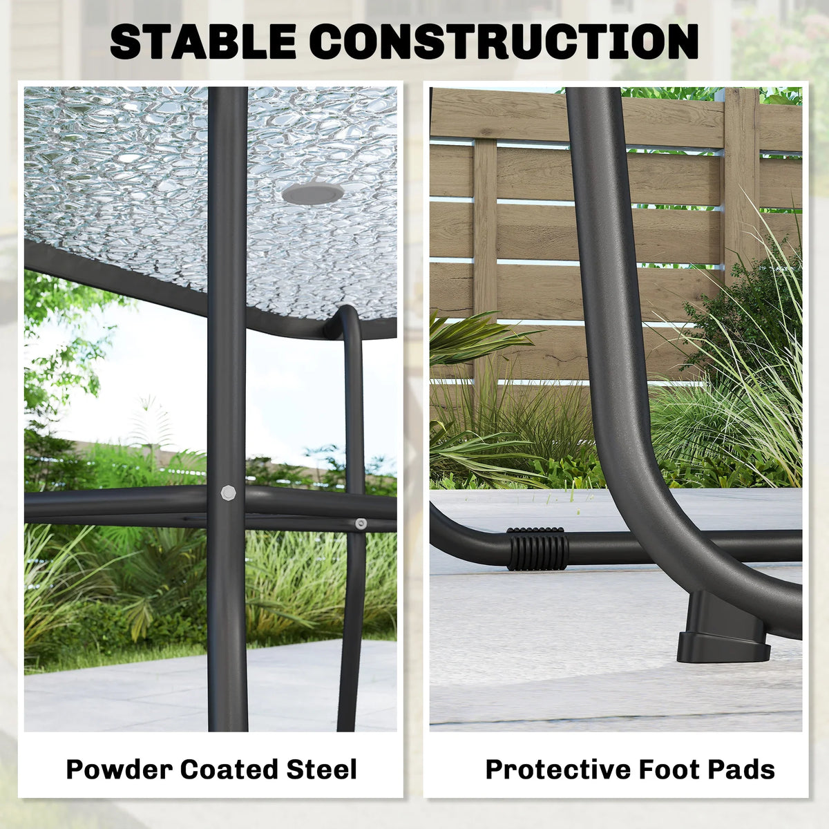 Grey powder-coated steel table base and umbrella pole with protective foot pads