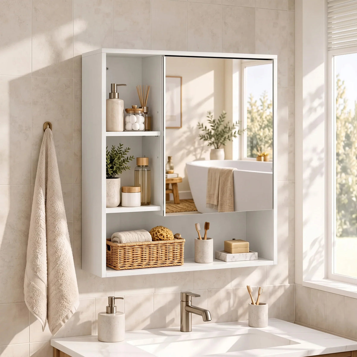 White mirrored bathroom wall cabinet with open shelving compartments for toiletries