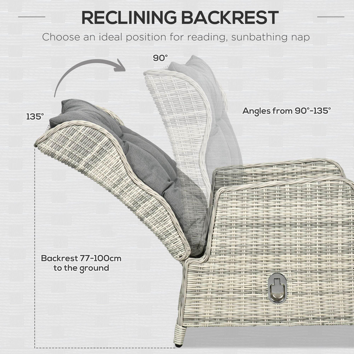 Reclining outdoor wicker chair with dark grey cushions and curved backrest