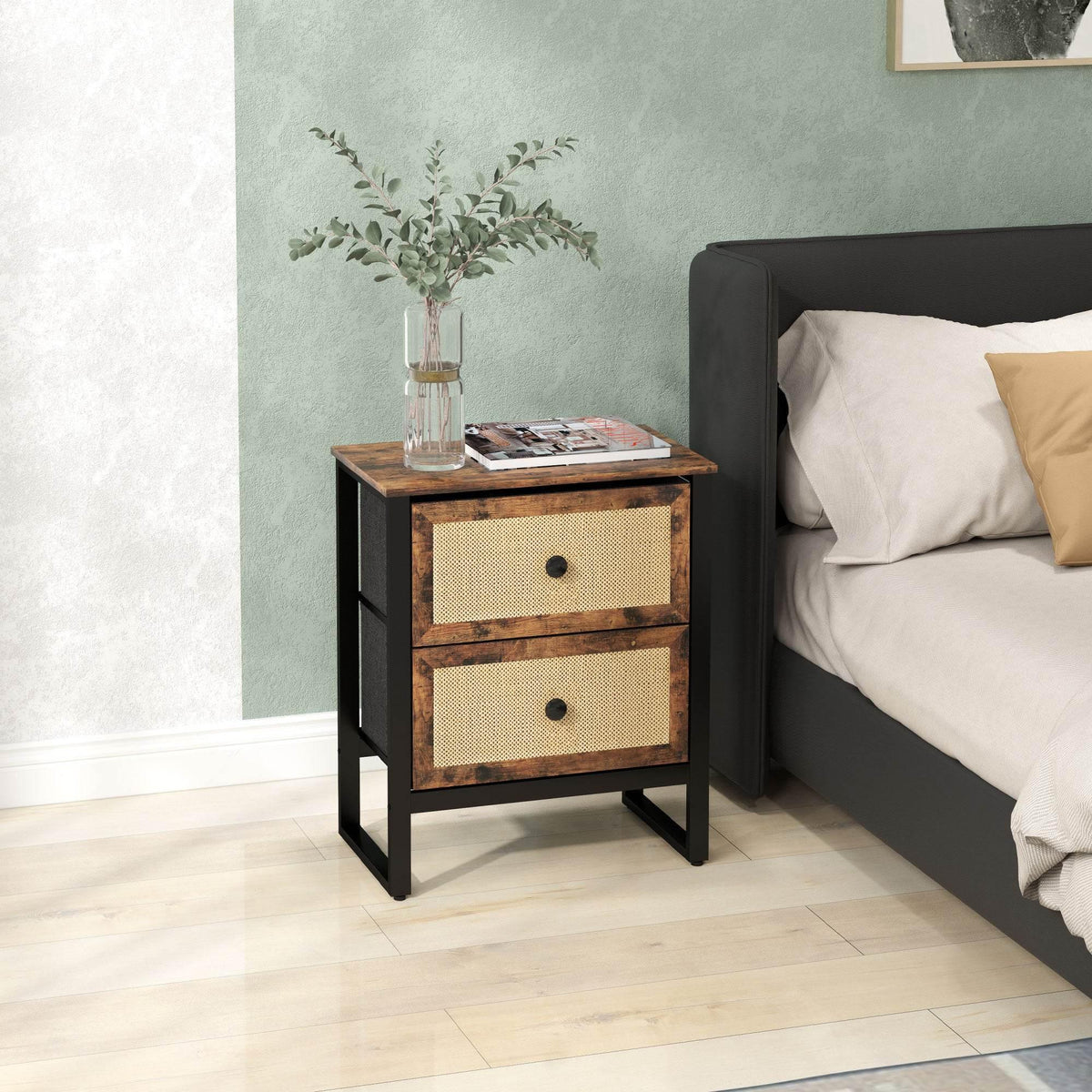 Rattan drawer nightstand with two woven front drawers and black steel frame legs
