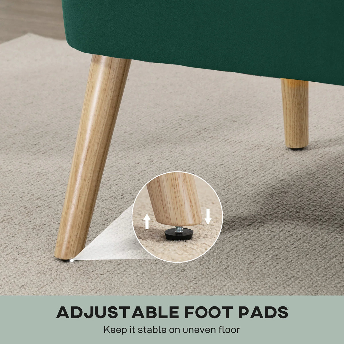 Light wood legs with adjustable foot pads on a dark green loveseat