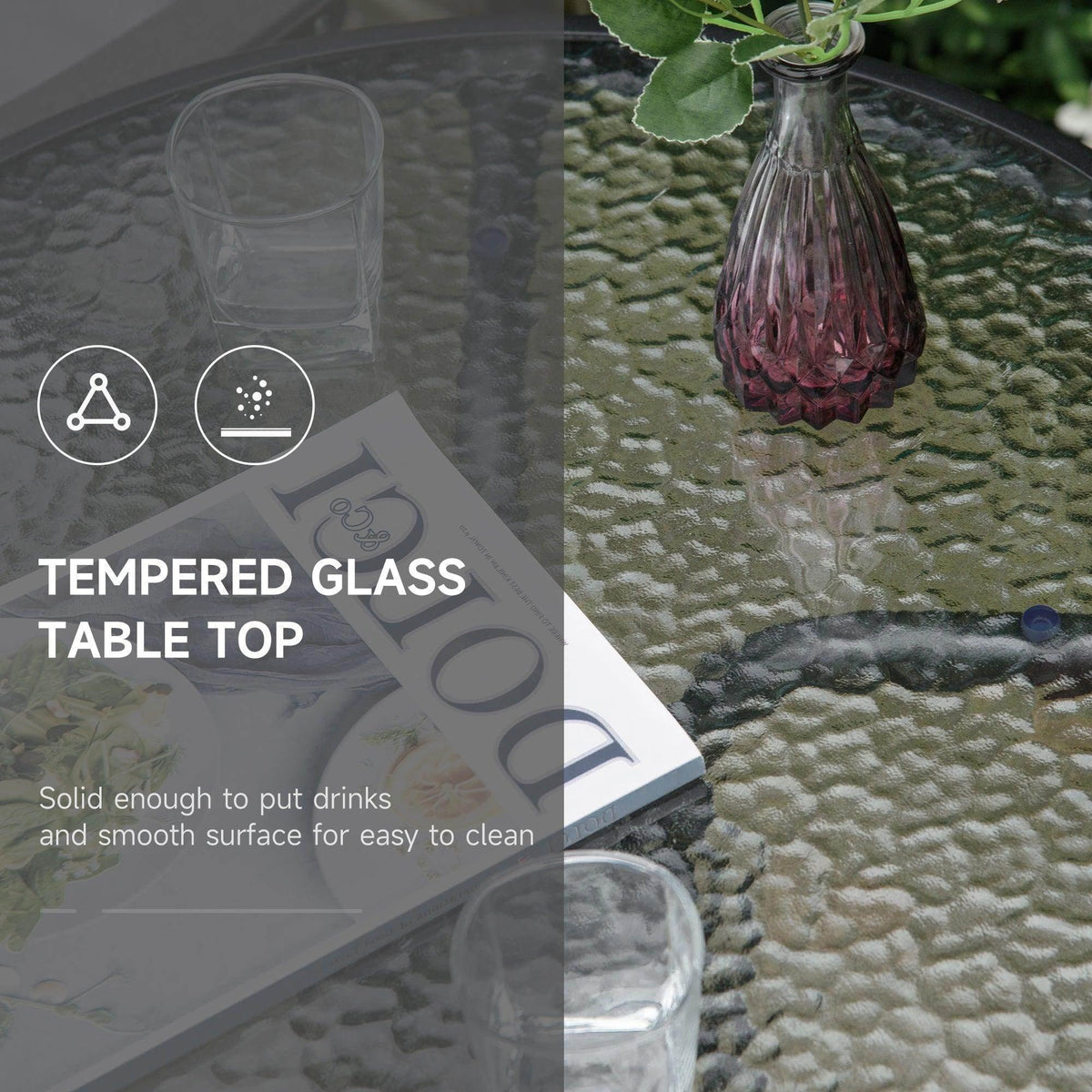 Tempered glass tabletop with smooth clear surface and easy-clean design