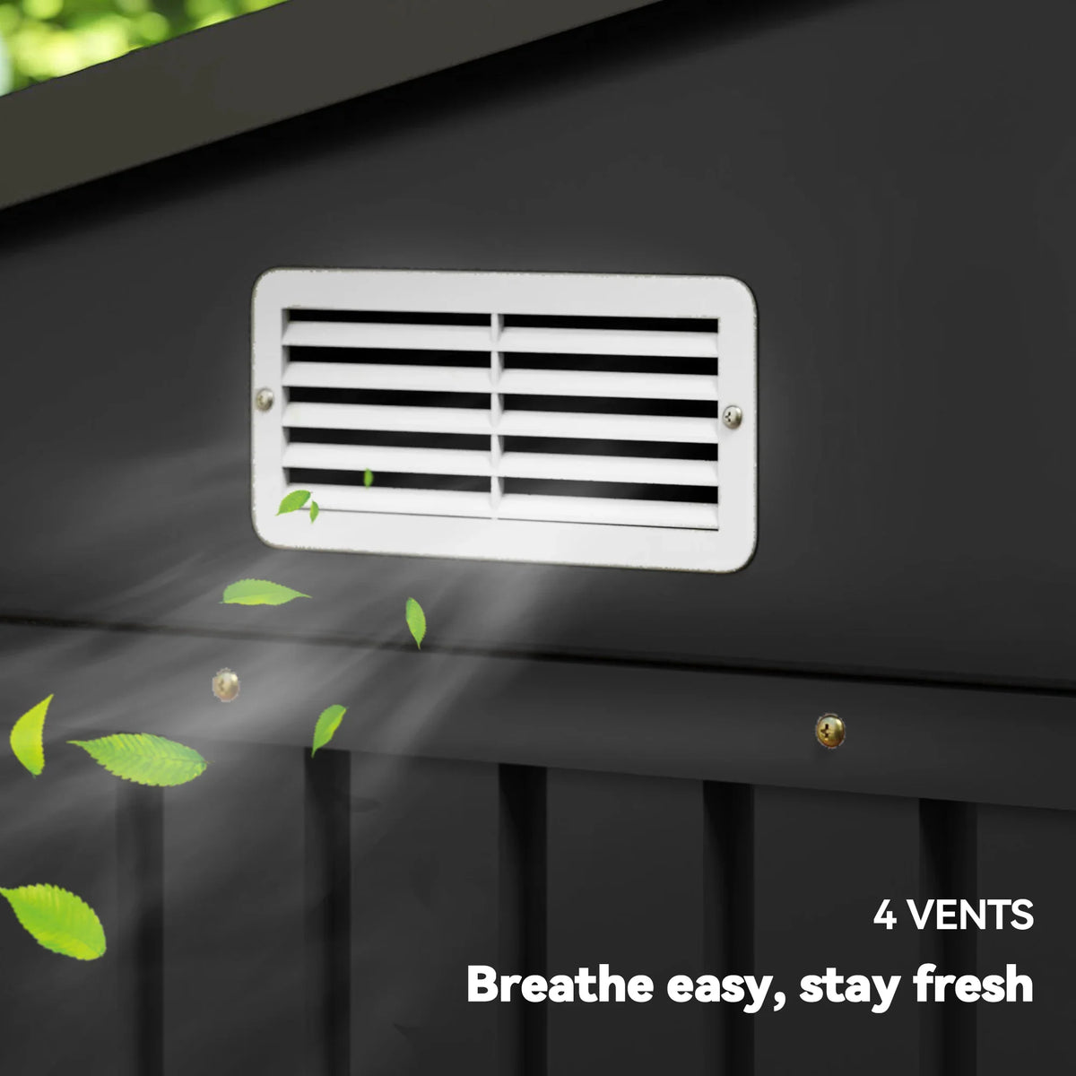 Dark grey shed side panel with white louvered vent grilles and airflow openings
