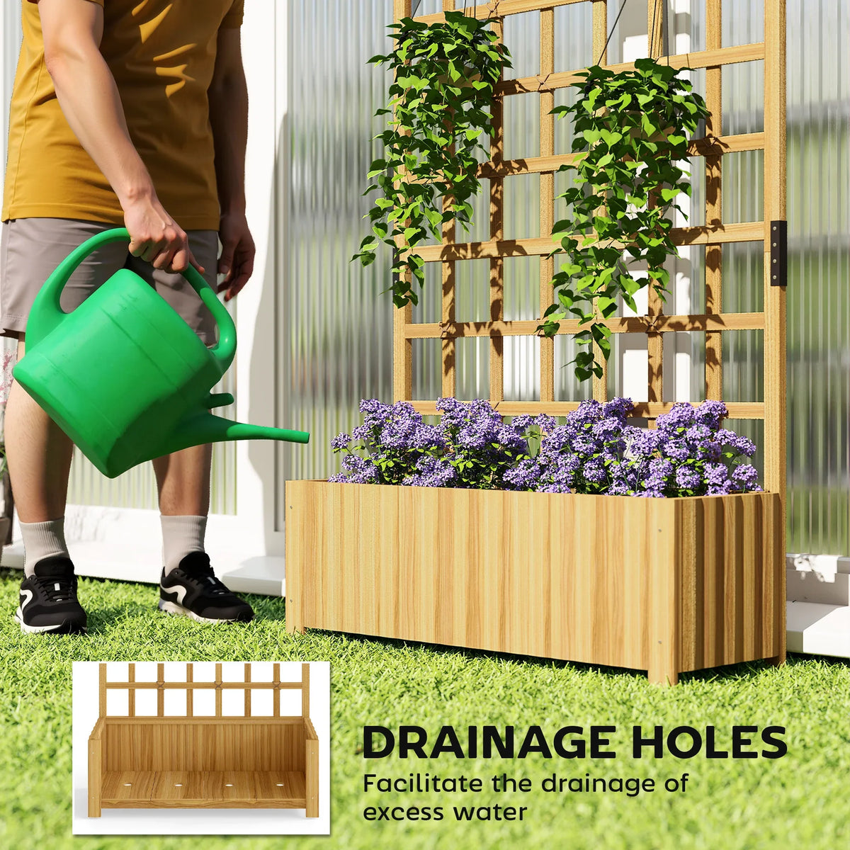Wooden raised planter box with lattice trellis and green watering can