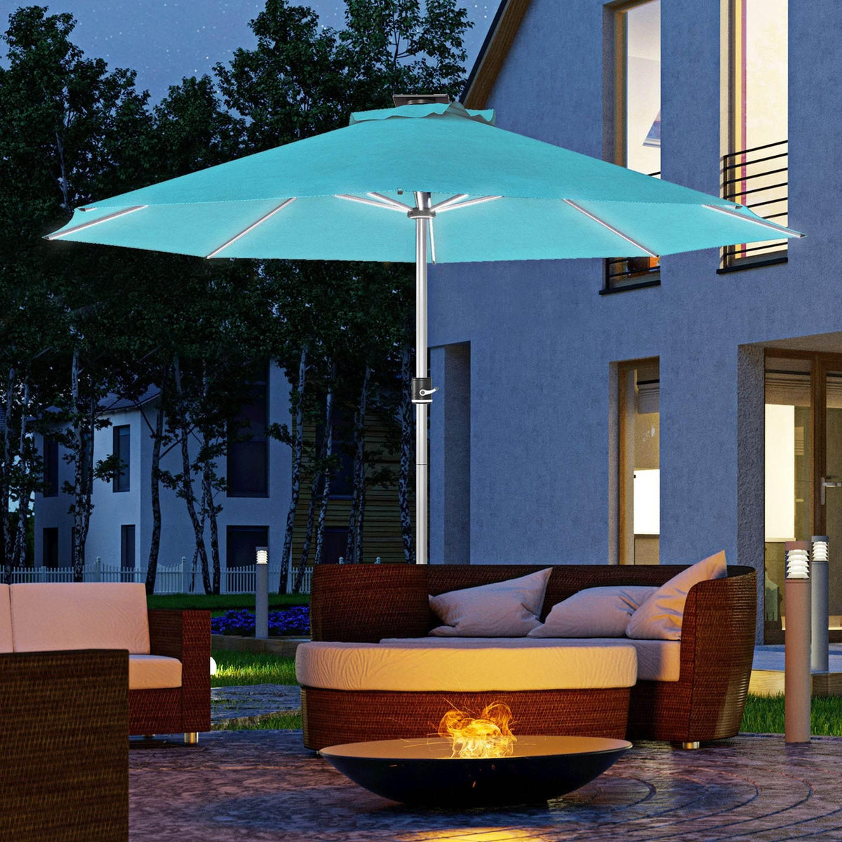 Blue LED lighted solar patio umbrella with teal canopy and glowing pole lights