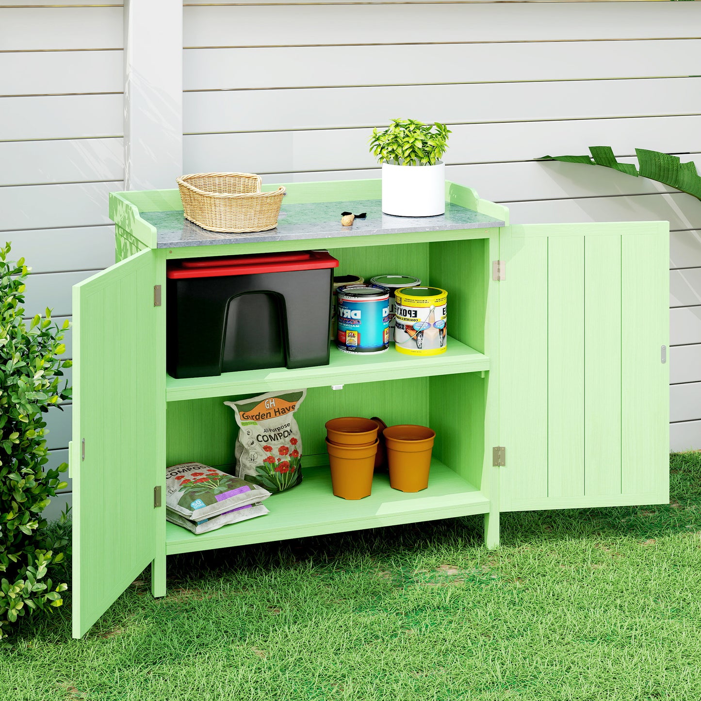 Outsunny Wood Garden Storage Cabinet Potting Bench With Galvanised Top And Two Shelves For Garden Tools And Pool Accessories Green