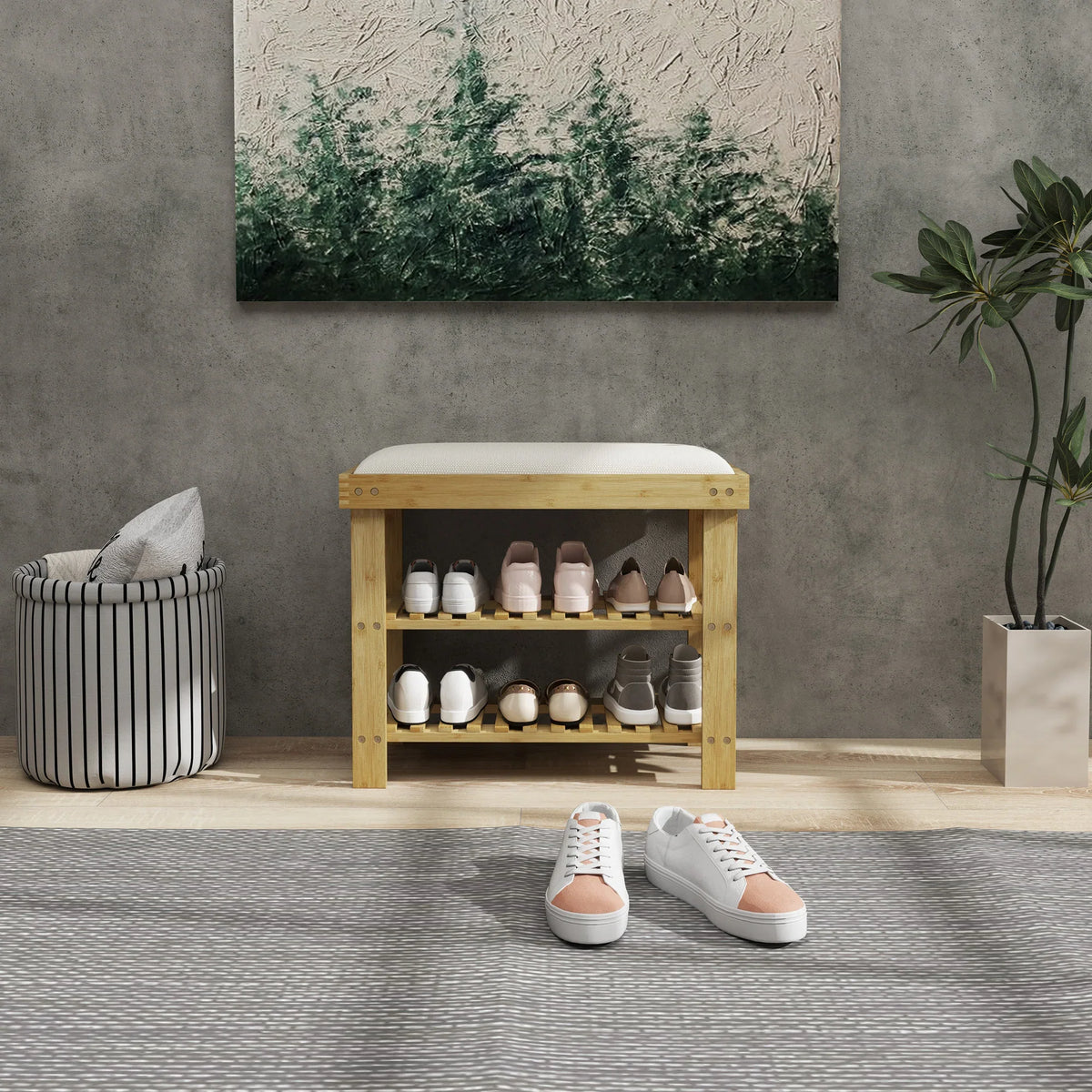 Bamboo shoe storage bench with cream cushioned seat and two open tiers