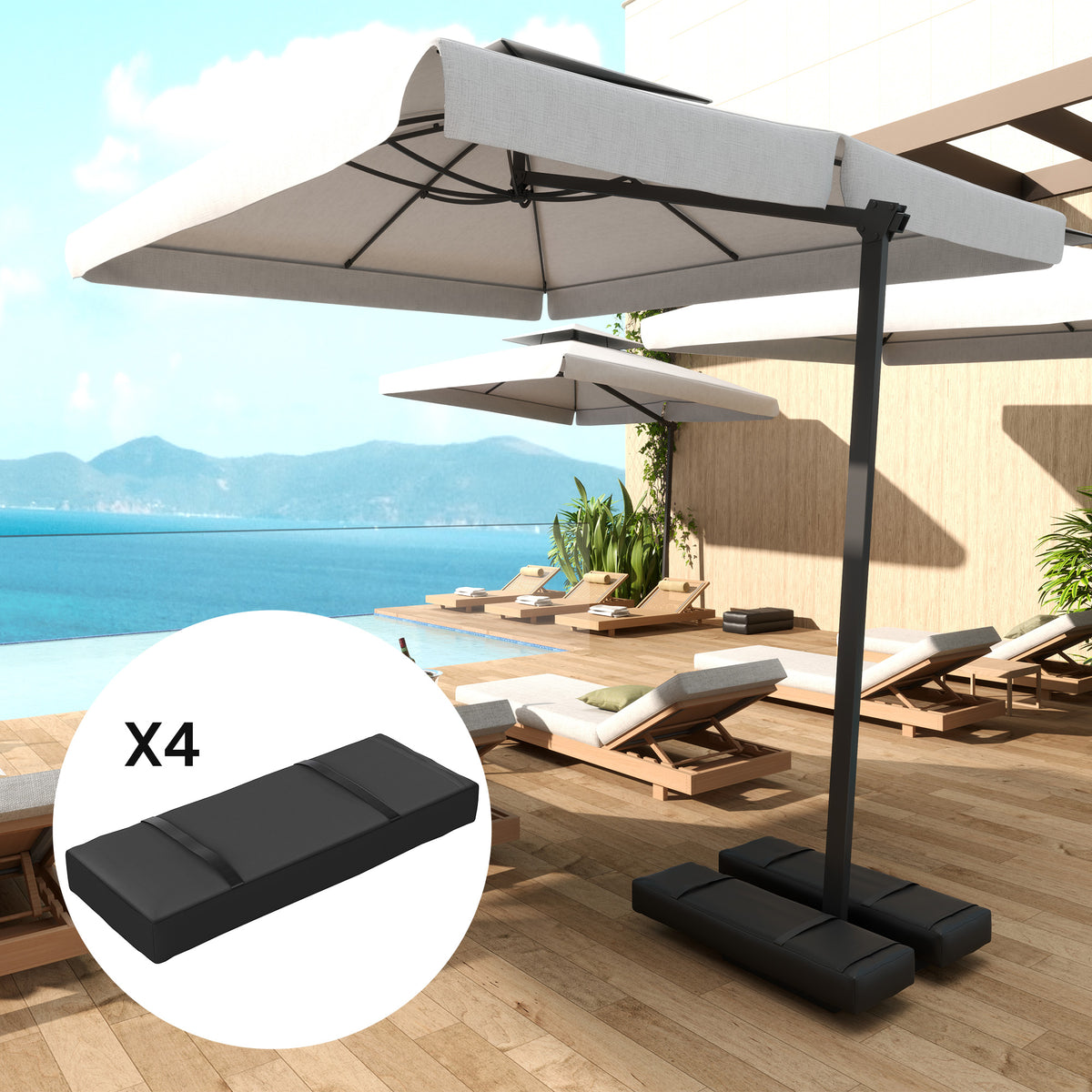 Black fillable sandbag weight bags with handles on a terrace near a patio umbrella