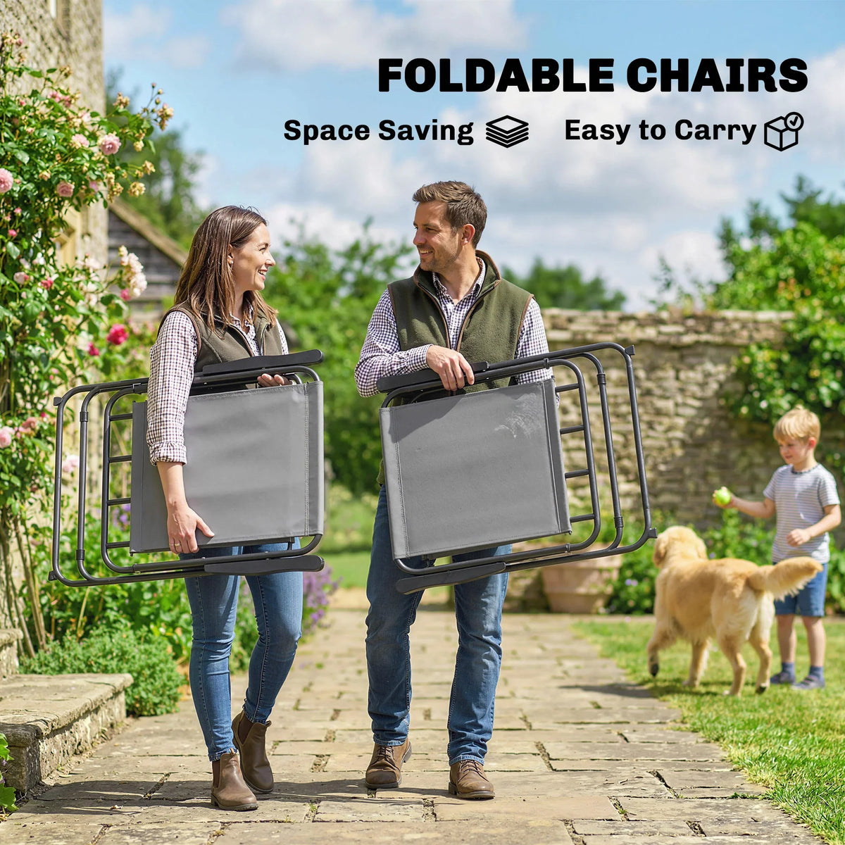 Set of grey folding patio chairs with armrests for easy carrying