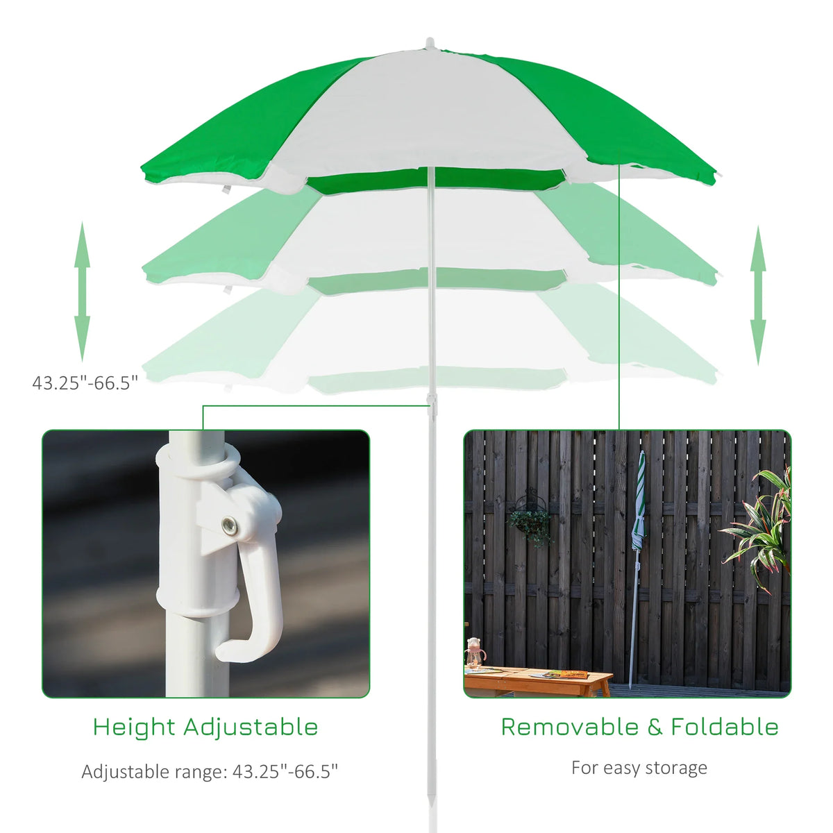 Height-adjustable green-and-white parasol over wooden picnic table with benches